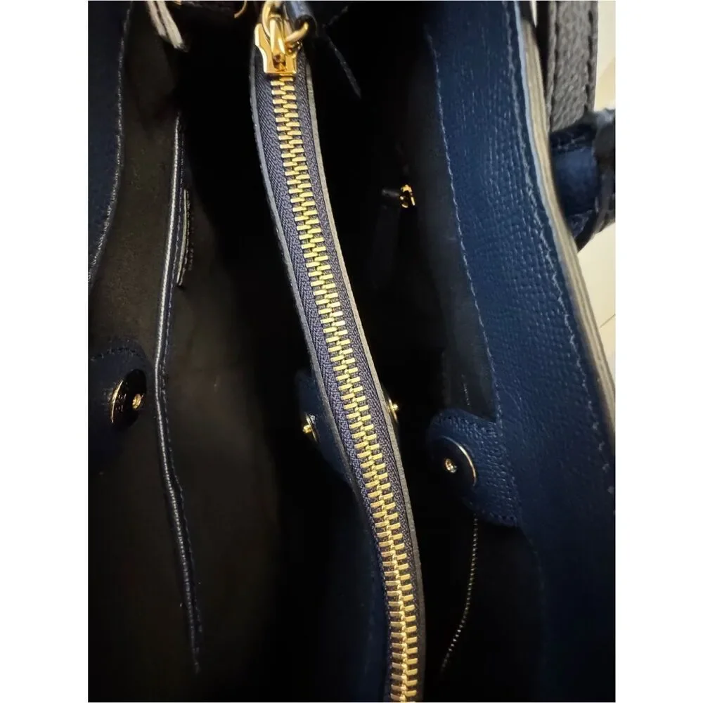 Burberry Navy Blue Saffiano Pebbled Leather Nova Check 2way Banner Satchel Ex+